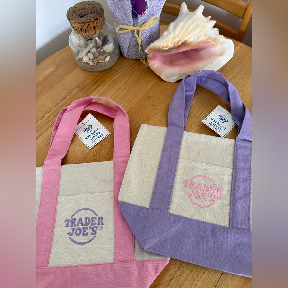 Trader Joe’s Mini Pastel Canvas Tote Bag 2-Pack Pink & Purple NWT